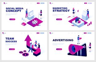 Set of isometric landing page template for Social Media, Dagital Marketing, Advertising, Team Success. Modern vector illustration isometric concepts decorated people character for website development.