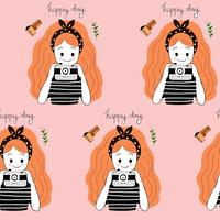 Cute seamless pattern pretty girl and camera vector. vector