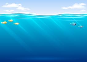 Fondo submarino con peces tropicales y cielo. vector
