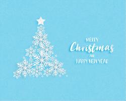 Christmas tree made by origami snowflakes on blue background. Digital craft in paper cut style. Vector illustration.