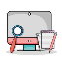 screen computer with magnifying glass and pencil vector