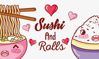 Sushi y rollos lindos dibujos animados kawaii vector