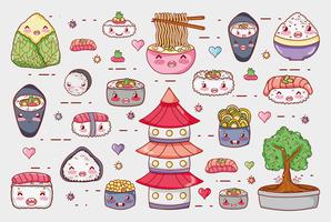 Sushi y rollos lindos dibujos animados kawaii vector