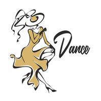 Bailarín. El logo para la industria de la danza. Chica con vestido dorado y sombrero bailando. vector