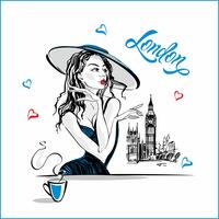 The girl in the hat drinking coffee.  Fashion model in London. Big Ben. Romantic composition. Elegant model on vacation. Vacation. Tourism industry.  Vector. vector