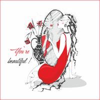 You're beautiful. Inscription. Postcard. The girl in the red dress near the mirror. Vector