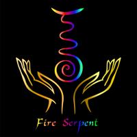 Karuna Reiki. Energy healing. Alternative medicine. Symbol Fire Serpent. Spiritual practice. Esoteric.Open palm. Rainbow color. Vector