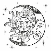 The moon and the sun. Ancient astrological symbol. Engraving. Boho Style. Ethnic. The symbol of the zodiac. Mystical. Coloring. Vector.