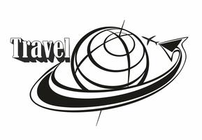 Viajar. Inscripción. Logo. Volando alrededor del mundo. Aeronave. Flecha. Concepto para la industria del turismo. Blanco negro. Vector. vector