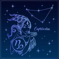 Signo del zodiaco Capricornio una chica hermosa. La constelación de capricornio. Cielo nocturno. Horóscopo. Astrología. Vector. vector