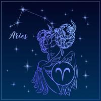 Zodiac sign Aries as a beautiful girl. The Constellation Of Aries. Night sky. Horoscope. Astrology. Vector.