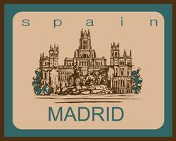 Travel. trip to Spain. City Of Madrid. Sketch. Cybele Palace and fountain at the Plaza Cibeles in Madrid, Spain.. Design concept for the tourism industry. Vector illustration.