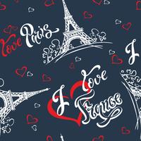 Seamless pattern. I love Paris. I love France. Stylish lettering. Hearts. Eiffel tower. Sketch. Blue background. Victor