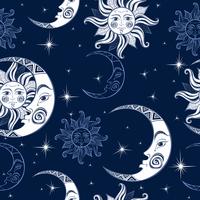 Seamless pattern. Sun moon and stars. Space background. Night sky. A magical fairy backdrop. Vector.