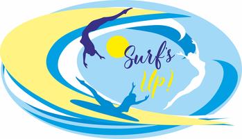 Surf's up .Surfing. Lettering. It's time to rest and travel. Seascape. Wave. Gulls. Vector illustration.