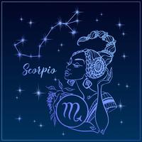 Signo del zodiaco Escorpio como una niña hermosa. La constelación de escorpio. Cielo nocturno. Horóscopo. Astrología. Vector. vector