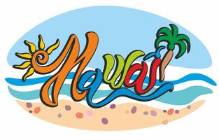 Hawai. Letras alegres Brillante y colorido. Contra el telón de fondo del paisaje del mar. Las olas y la arena. Guijarros de mar. Sol y palmeras. Vector. vector