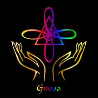 Karuna Reiki. Energy healing. Alternative medicine. Symbol Gnosa. Spiritual practice. Esoteric.Open palm. Rainbow color. Vector