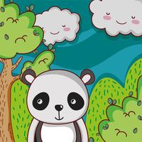 Cute panda en bosque doodle de dibujos animados vector