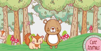 Cute bear and fox in the forest doodle cartoon vector