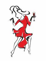 The girl in the red dress. A girl with a glass of wine. Dances. Hat. Drink alcohol. Fun.Vector. vector