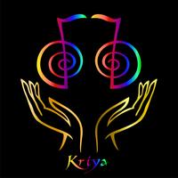 Karuna Reiki. Energy healing. Alternative medicine. Symbol Kriya. Spiritual practice. Esoteric.Open palm. Rainbow color. Vector