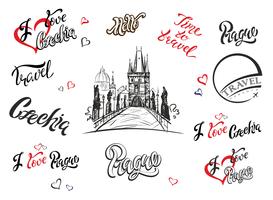 Czechia. Set of elements for design. Prague. Inspiring lettering. Charles bridge sketch. Hand drawing. Travel. Tourism industry. Vector. vector