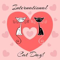 International day of cats. Holiday card. White and black cats. Cartoon-style. Funny funny kittens. Cat's footprints. Heart. Vector illustration.
