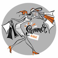 Summer sale.  Lettering. The girl runs to shop. Tag design for discount. Shopping on site. Vector illustration.