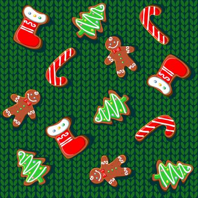 Knitted fabric with gingerbread and snowflakes. Seamless pattern. Vector.