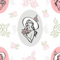 Seamless pattern. Portrait of a girl in a hat. Vintage. Bouquet of roses. Vector. vector