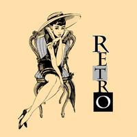 Retro girl in hat. Elegant lady. Graphics. Vector