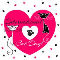 International day of cats. Holiday card. White and black cats. Cartoon-style. Funny funny kittens. Cat's footprints. Heart. Vector illustration.