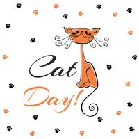 International day of cats. Holiday card. Red cat cartoon. Funny cheerful kitten. Cat's footprints. Vector illustration.