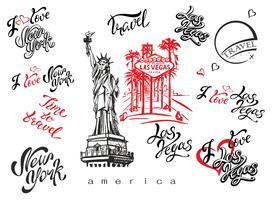 ESTADOS UNIDOS. Conjunto de elementos para el diseño. Las Vegas. Nueva York. Bocetos de referencia. Estatua de la Libertad. Letras inspiradoras. Plantillas de etiquetas confeccionadas. Vector. vector