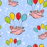 Seamless pattern. Flying pigs on balloons. The sky snowflakes. Vector. vector