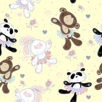 Seamless pattern with cute little animals . The Bunny the bear and Panda. Ballerinas, Vector