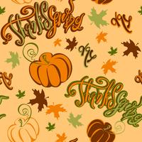 Día de Gracias. Modelo inconsútil. Calabaza alegre inspiradora de las letras y hojas de otoño. Alegre estampado festivo para tela o papel. Vector. vector