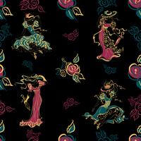 Seamless pattern. Vintage girls. Beautiful ladies in vintage outfits and hats. Bouquet of roses. flowers. Vintage style. Design for fabric and wrapping paper. .turquoise, gold, black.Vector. vector