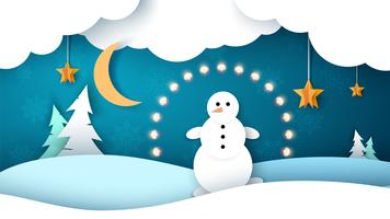 Winter landscape. Snowman, fir, star, moon. vector