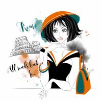 Girl in Rome. Watercolor. Graphics. Vector illustration