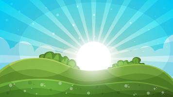 Cartoon landscape - abstract illustration. Sun, ray, glare, hill, cloud. vector