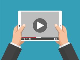 Hands holding holding white tablet computer with video player on screen vector
