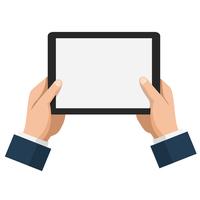 Businessman hold tablet with empty white screen vector
