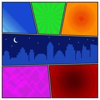 Comic book page template with radial backgrounds and night city silhouette vector