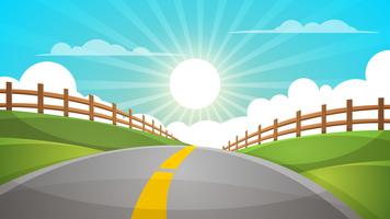 Cartoon hill landscape. Road, travel illustration, fence. vector