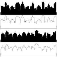 Siluetas negras y lineales de la ciudad, conjunto de vectores de diferentes paisajes urbanos horizontales negros