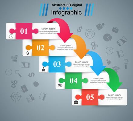 Puzzle business infographic. Five paper items.