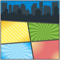 Comic book pages template with different radial backgrounds and city silhouette vector