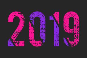 Resumen número 2019 estilo grunge, colores rosa y violeta de moda vector